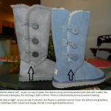 Authentic UGGs on Left (Grey Bailey Triplet Button)<br />
FAKE UGGs on Right<br />
(Blue, shorter, not fuzzy fleece - synthetic chemical smelling material inside)