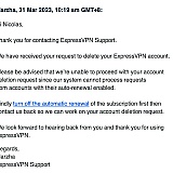 Screenshot of email showing a method ExpressVPN uses to thwart cancellation.