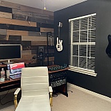 Don’t mind the lack of window treatments! New moody office vibes w/black licorice eggshell paint.