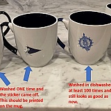 Two mugs on the left show the stickers peeling off the new cheap mug. The third mug shows a perfectly printed mug that has held up to 100 washes. DiscountMugs changed their process and now they offer CHEAP junk!