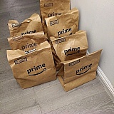 Amazon Fresh grocery delivery. Grocery bags are left at door (per delivery instructions to ring the bell and leave groceries).