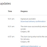 Canada post tracking - showing the items being returned to lids