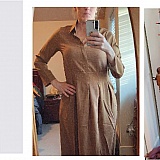 Sales item, and how it actually fits. Notice the super short, way too tight bust, the waist is up under the bust and has extra seams, the skirt isn't full, isn't long. This was ordered 2 sizes bigger in hopes it would fit. Total disaster.