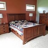 Dutch Country Mission panel bed with customized under-bed storage drawers, night stands and chest. Clean lines, beautiful in the Quarter Sawn White Oak with Michael's stain.