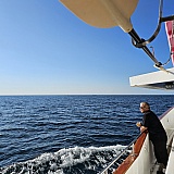 One of the hosts, on the lookout for dolphins
